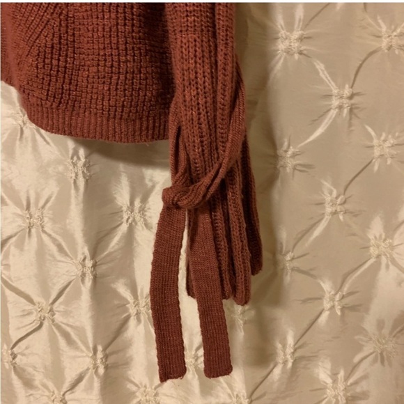 Express Tie Sleeve Split Back Cropped Sweater Pink Brown V Neck Oversized Knit - Picture 7 of 13